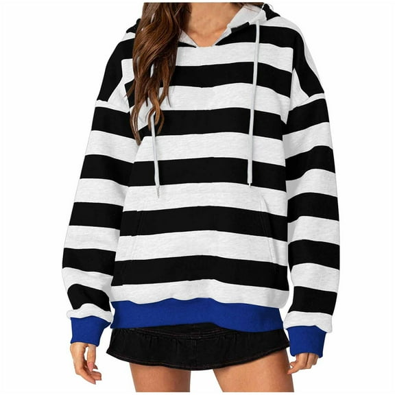 Titcea Hoodies for Women Striped Printed Oversized Drawstring Long Sleeve Hoodie with Pockets Loose Casual Pullover Sweatshirt