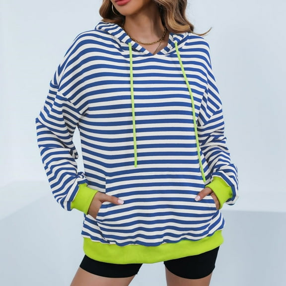 Titcea Hoodies for Women Striped Printed Oversized Drawstring Long Sleeve Hoodie with Pockets Loose Casual Pullover Sweatshirt