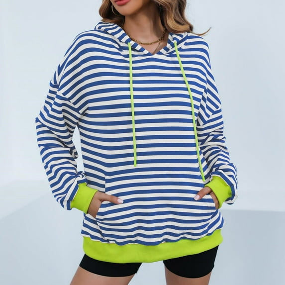 Titcea Hoodies for Women Striped Printed Oversized Drawstring Long Sleeve Hoodie with Pockets Loose Casual Pullover Sweatshirt