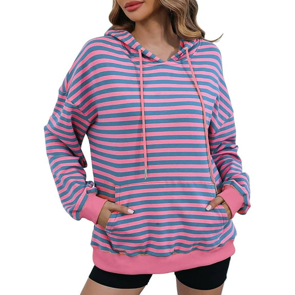 Titcea Hoodies for Women Striped Printed Oversized Drawstring Long Sleeve Hoodie with Pockets Loose Casual Pullover Sweatshirt