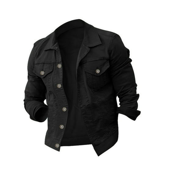 Titcea Jean Jacket Solid Color Lapel Neck Long Sleeve Button Up Jacket with Pockets Trendy Slim Winter Jackets for Men