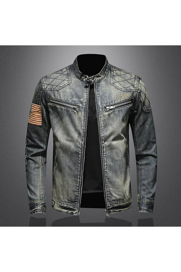 Jean Jacket USA Flag Printed Stand Collar Long Sleeve Button Up Jacket with Pockets Trendy Slim Winter Jackets for Men