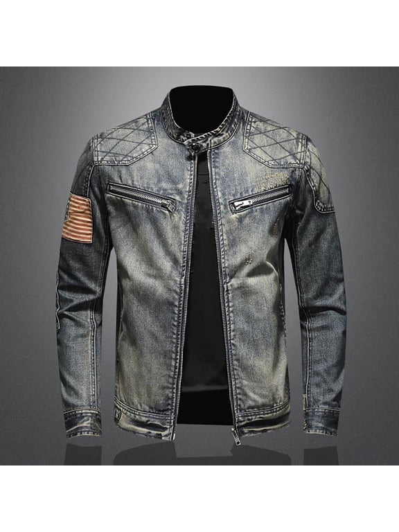 Jean Jacket USA Flag Printed Stand Collar Long Sleeve Button Up Jacket with Pockets Trendy Slim Winter Jackets for Men