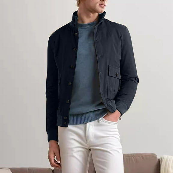 Titcea Mens Jacket Lightweight Solid Color Long Sleeve Button Up Coat Fall Winter Warm Jackets with Pockets