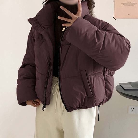 Titcea Puffer Jacket Womens Standing Collar Down Thickened Zip Up Drawstring Short Winter Coats with Pockets Warm Comfort Jackets