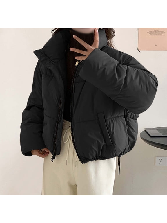 Puffer Jacket Womens Standing Collar Down Thickened Zip Up Drawstring Short Winter Coats with Pockets Warm Comfort Jackets