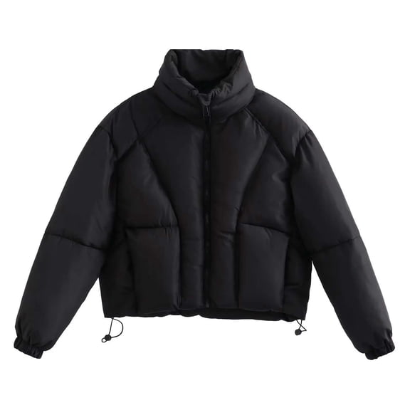 Titcea Puffer Jacket Womens Standing Collar Down Drawstring Thickened Solid Color Zip Up Winter Coats with Pockets Warm Comfort Jackets