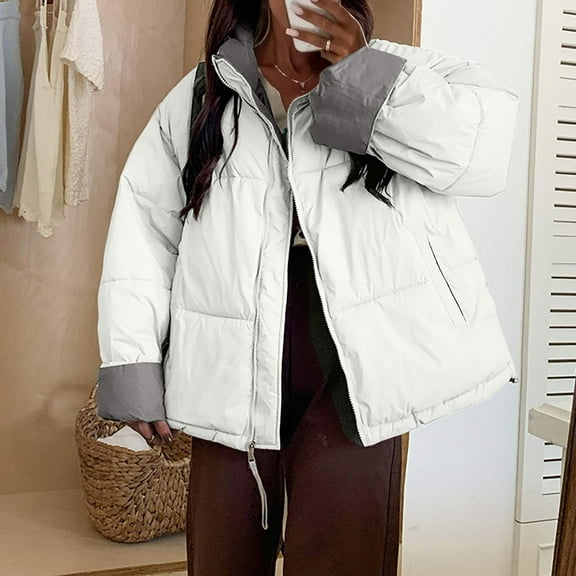 Titcea Puffer Jacket Womens Thickened Patchwork Print Zip Up Coats with Pockets Loose Comfort Warm Padded Jackets