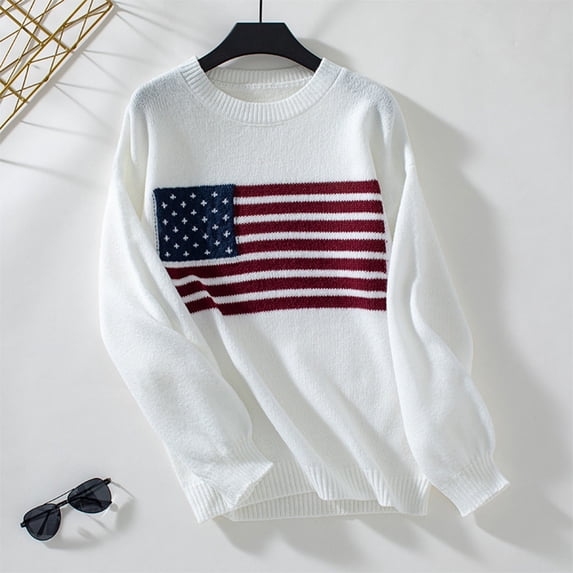 Titcea Sweaters for Women 2024 USA Flag Print Crewneck Buttons Long Sleeve Sweater Cute Elegant Sexy Casual Pullover Tops