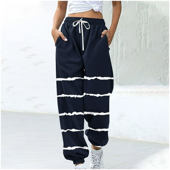 Titcea Sweatpants Women Elastic Waisted Drawstring Striped Print Fleece Joggers with Pockets Baggy Casual Sweatpants