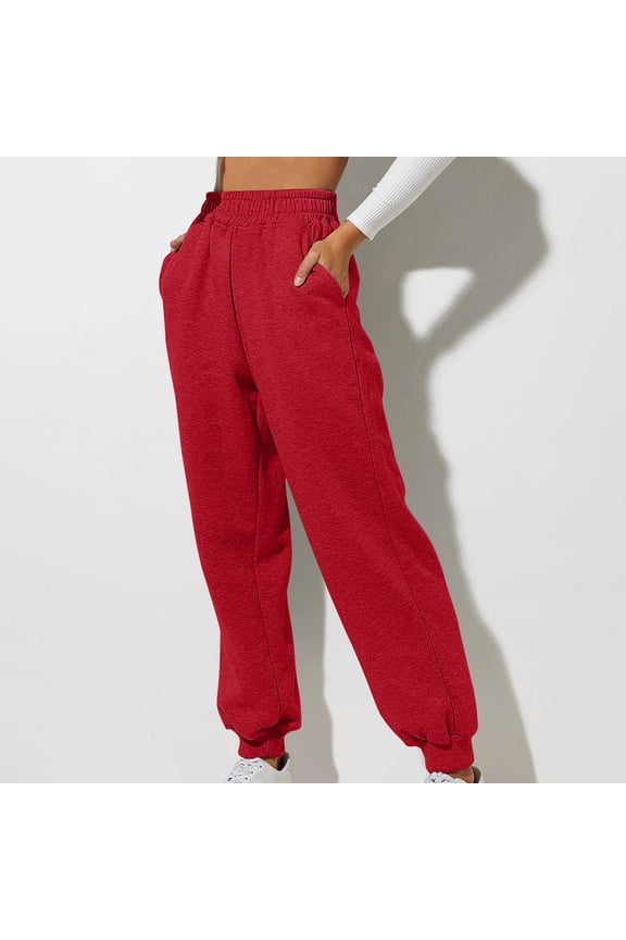 Sweatpants Women Elastic Waisted Foot Binding Solid Color Fleece Joggers with Pockets Baggy Casual Sweatpants