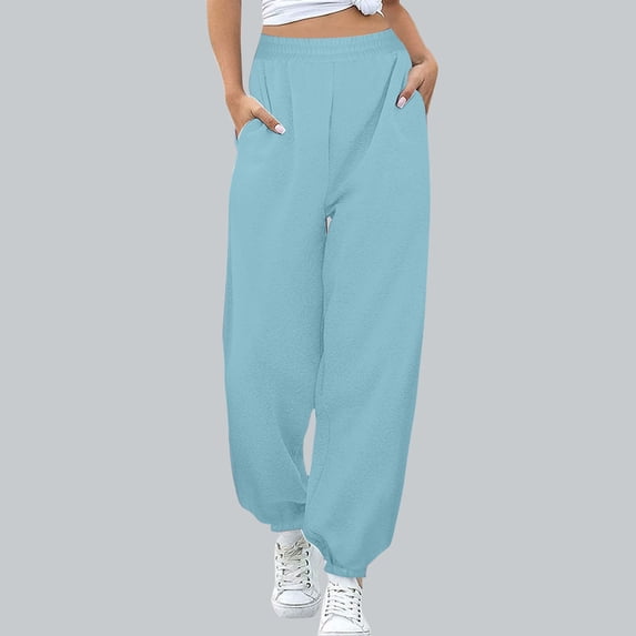 Titcea Sweatpants Women Elastic Waisted Foot Binding Solid Color Fleece Joggers with Pockets Baggy Casual Sweatpants
