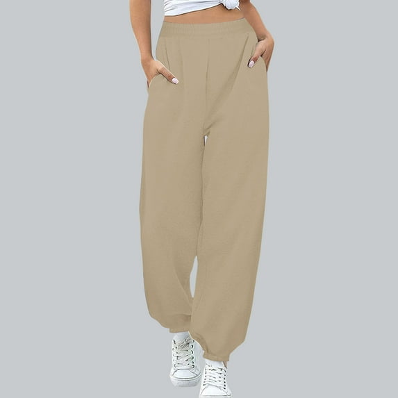 Winter Savings! Titcea Sweatpants Women Elastic Waisted Foot Binding Solid Color Fleece Joggers with Pockets Baggy Casual Sweatpants