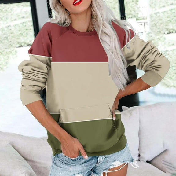Titcea Sweatshirt for Women Oversized Long Sleeve Crew Neck Patchwork Print Sweatshirts with Pockets Loose Comfort Casual Pullover Sweaters