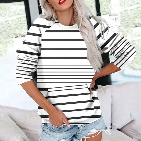 Titcea Sweatshirt for Women Oversized Long Sleeve Crew Neck Striped Print Sweatshirts with Pockets Loose Comfort Casual Pullover Sweaters