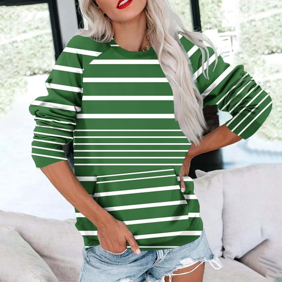 Titcea Sweatshirt for Women Oversized Long Sleeve Crew Neck Striped Print Sweatshirts with Pockets Loose Comfort Casual Pullover Sweaters