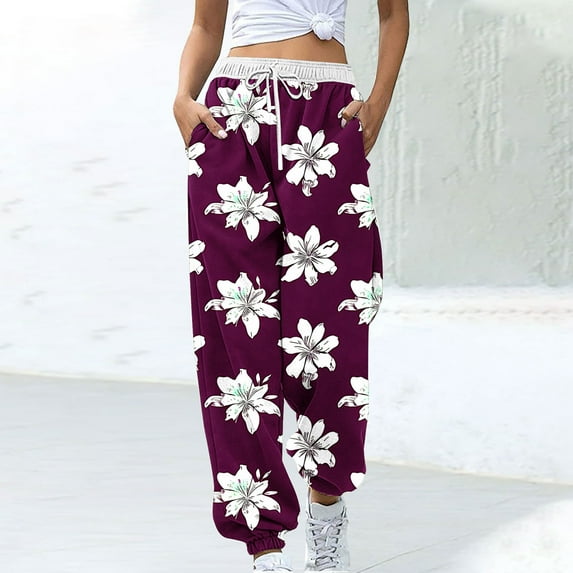 Winter Savings! Titcea Women's Pants Fashion Printed Elastic Waisted Drawstring Sweatpants with Pockets Loose Comfort Casual Joggers