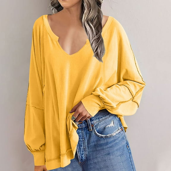 Titcea blouses for Women Oversized Lightweight Solid Color Crew Neck Long Sleeve Flowy Irregular Hem Tops Loose Comfort Casual Top