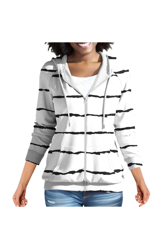 Winter Womens Jackets Printed Long Sleeve Zip up Hoodie Jacket Pocket Hooded Sweatshirt Top Striped Jacket Hoodie Coats My Items My Order