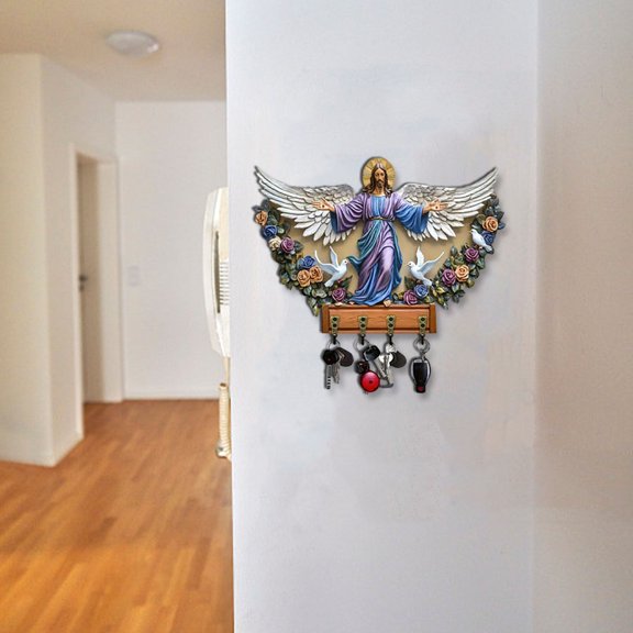 karymi Wooden Multifunctional Key Holder with 4 Metal Hooks Wall Mount Home Entryway Organization Religious Theme Design Mens Christmas Gifts