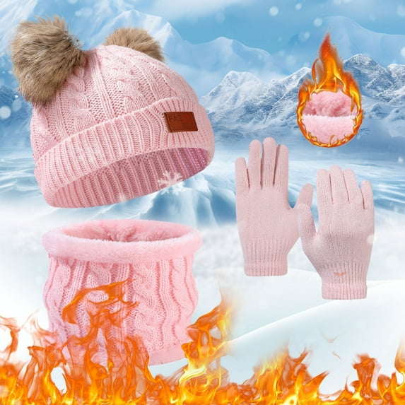 Winter Scarf Necklace Kids Winter Hat Gloves Scarf Set, Girls Winter Beanie Hat Gloves Scarf Set with Knit Thick Warm Fleece Lined for 4-12 Years Old Kids Toddles