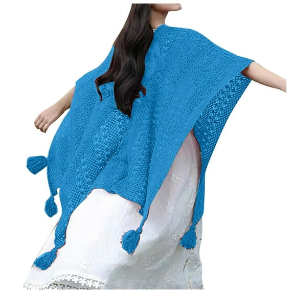 Winter Scarf Shawl Wraps for Women Winter Knitted Cape Open Front Sweater with Tassels Scarves for Women Blue One Size