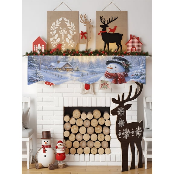 Winter Scarf Snowman Mantel Scarf for Fireplace 70 x 17 inches Christmas Red Cardinal Sunset Glow Snow Cabin Decorations Fireplace Mantle Scarf Cover Mantel Top Runner for Home Festive Party Supplies