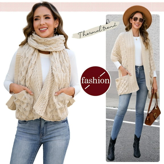 Winter Scarf for Women Chunky Knit Shawl Wrap with Pocket, 175 Long Warm Scarf, Soft Stretchy Wool Scarf for Women, Christmas Gift Ideas, Beige