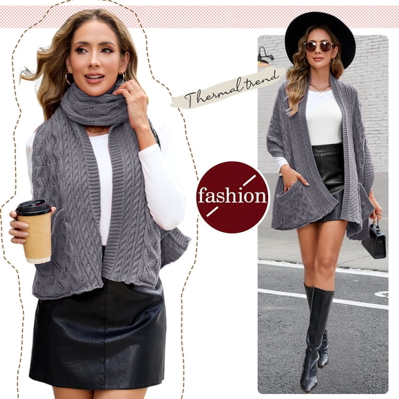 Winter Scarf for Women Chunky Knit Shawl Wrap with Pocket, 175 Long Warm Scarf, Soft Stretchy Wool Scarf for Women, Christmas Gift Ideas, Dark grey