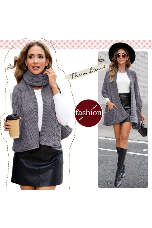 Winter Scarf for Women Chunky Knit Shawl Wrap with Pocket, 175 Long Warm Scarf, Soft Stretchy Wool Scarf for Women, Christmas Gift Ideas, Dark grey