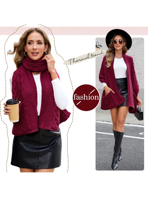 Winter Scarf for Women Chunky Knit Shawl Wrap with Pocket, 175 Long Warm Scarf, Soft Stretchy Wool Scarf for Women, Christmas Gift Ideas, Jujube red