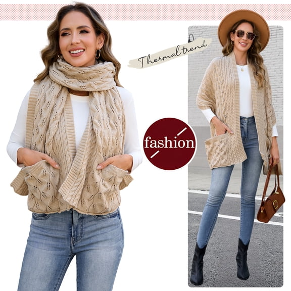 Winter Scarf for Women Chunky Knit Shawl Wrap with Pocket, 175 Long Warm Scarf, Soft Stretchy Wool Scarf for Women, Christmas Gift Ideas, Khaki