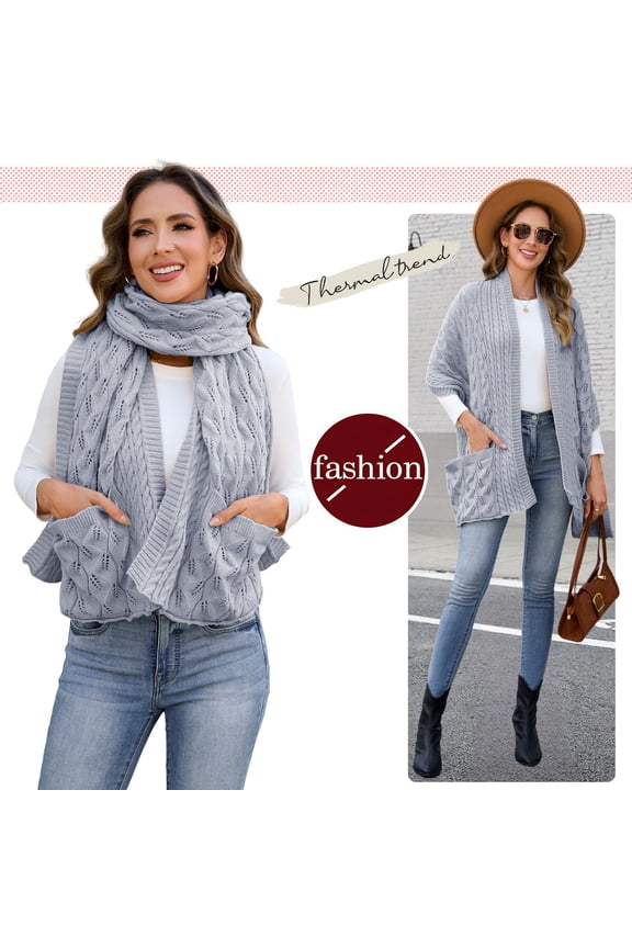 Winter Scarf for Women Chunky Knit Shawl Wrap with Pocket, 175 Long Warm Scarf, Soft Stretchy Wool Scarf for Women, Christmas Gift Ideas, Light grey