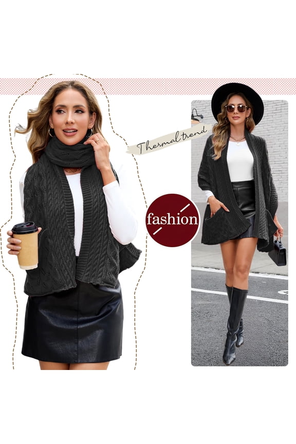 Winter Scarf for Women Chunky Knit Shawl Wrap with Pocket, 175 Long Warm Scarf, Soft Stretchy Wool Scarf for Women, Christmas Gift Ideas, black