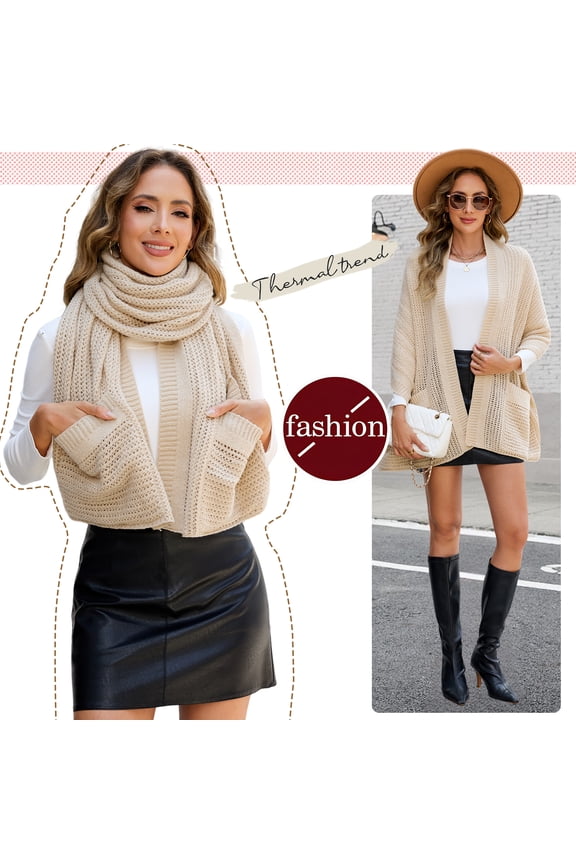 Winter Scarf for Women with Pocket - Chunky Knit Shawl Wrap, 175cm Long Soft Stretchy Wool Scarf, Warm Christmas Gift Ideas, Beige