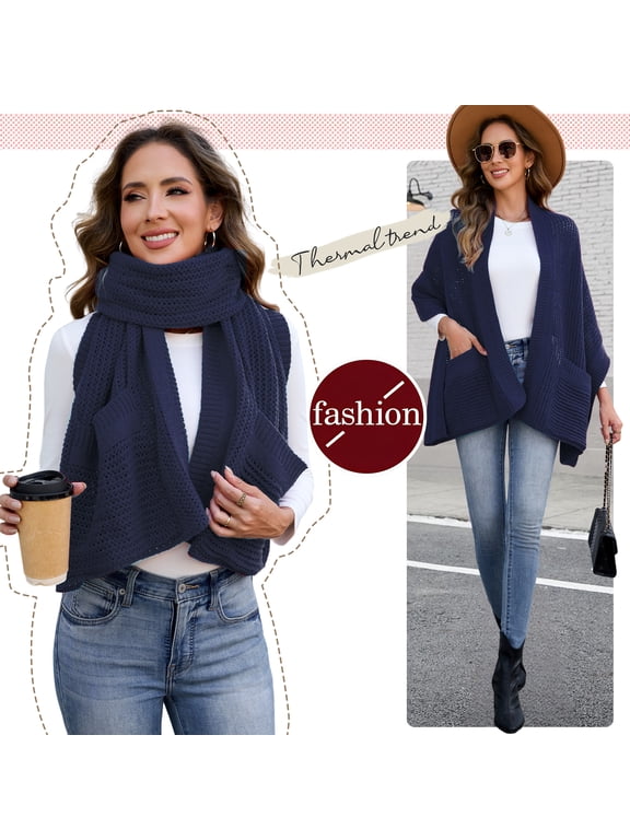Winter Scarf for Women with Pocket - Chunky Knit Shawl Wrap, 175cm Long Soft Stretchy Wool Scarf, Warm Christmas Gift Ideas, Navy blue