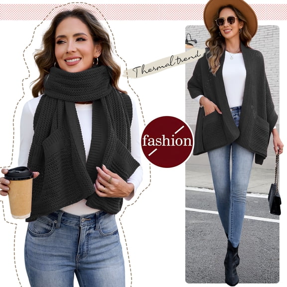 Winter Scarf for Women with Pocket - Chunky Knit Shawl Wrap, 175cm Long Soft Stretchy Wool Scarf, Warm Christmas Gift Ideas, black