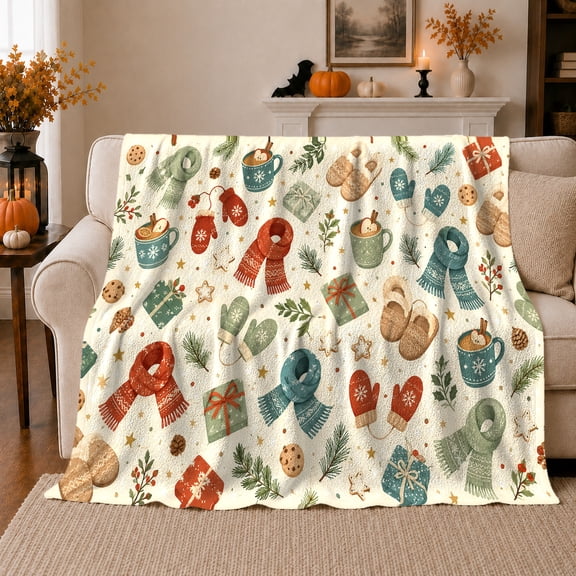 Winter Scarves Mittens decorative motif Mugs And Gifts, Soft Flannel Blanket with Rustic Watercolor Illustration Print, Housewarming Gift and Home Decor for Bedroom and Living Room