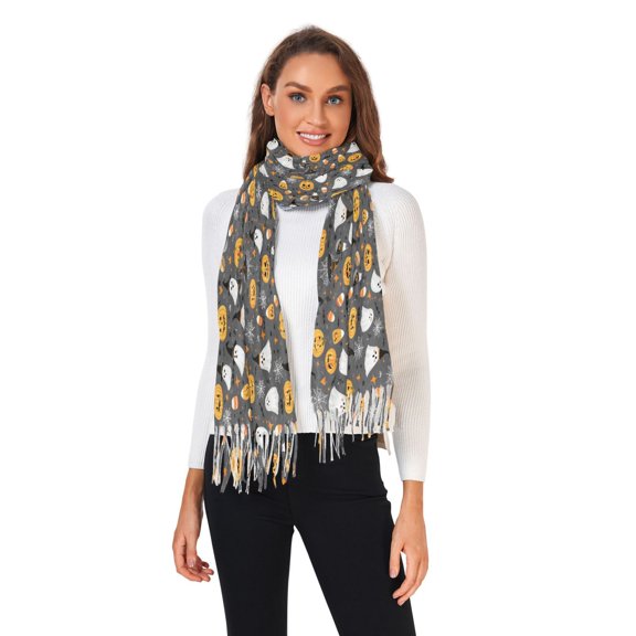 Winter Scarves for Women Adorable Ghost Pumpkin Spiderweb Fashion Pashmina Shawl Wraps Long Blanket Scarf for Fall Spring