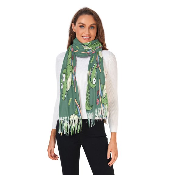 Winter Scarves for Women Cartoon Crocodile Riding Skateboard Fashion Pashmina Shawl Wraps Long Blanket Scarf for Fall Spring