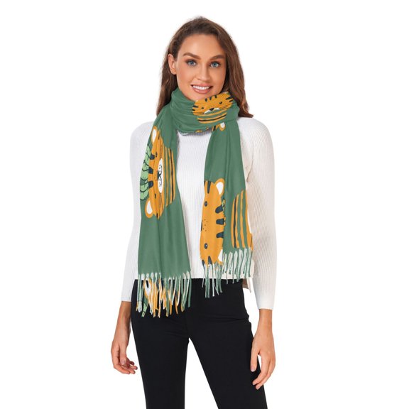 Winter Scarves for Women Cartoon Tiger Face with Cactus Fashion Pashmina Shawl Wraps Long Blanket Scarf for Fall Spring