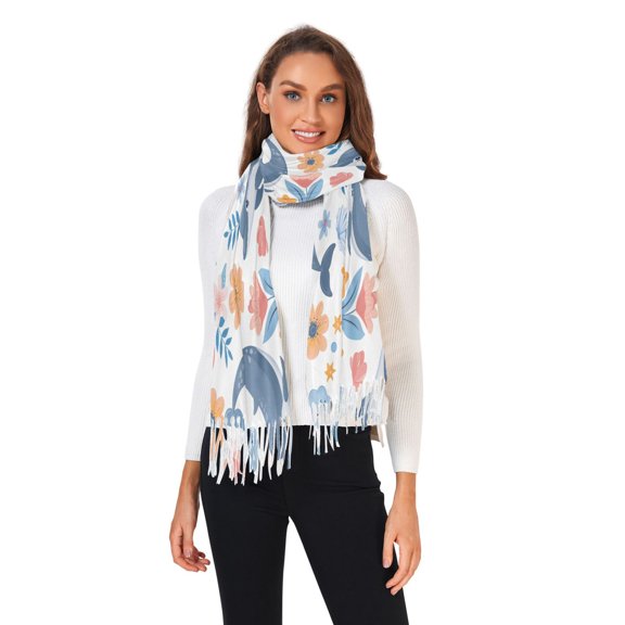 Winter Scarves for Women Dolphins Flower Shell Leaf Fashion Pashmina Shawl Wraps Long Blanket Scarf for Fall Spring