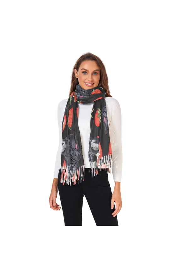 Winter Scarves for Women French Bulldog and Strawberry Fashion Pashmina Shawl Wraps Long Blanket Scarf for Fall Spring