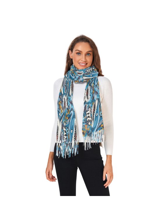 Winter Scarves for Women Funny Cartoon Sharks Fashion Pashmina Shawl Wraps Long Blanket Scarf for Fall Spring