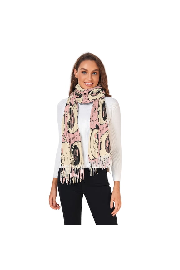 Winter Scarves for Women Happy Pug Dog Fashion Pashmina Shawl Wraps Long Blanket Scarf for Fall Spring