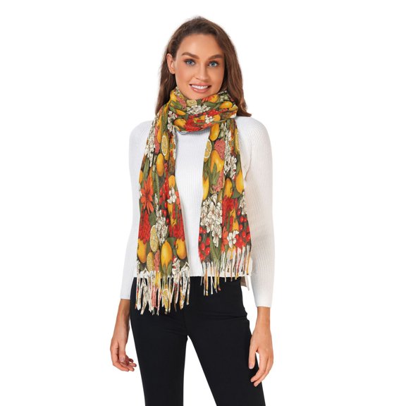Winter Scarves for Women Oil Lemon Flowers Berry Fashion Pashmina Shawl Wraps Long Blanket Scarf for Fall Spring