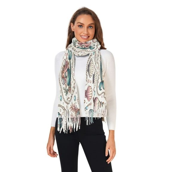 Winter Scarves for Women Pearl Shell Mermaid Plant Fashion Pashmina Shawl Wraps Long Blanket Scarf for Fall Spring
