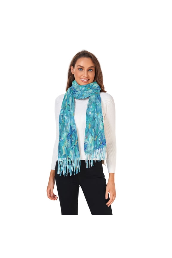 Winter Scarves for Women Turquoise and Blue Flowers Fashion Pashmina Shawl Wraps Long Blanket Scarf for Fall Spring