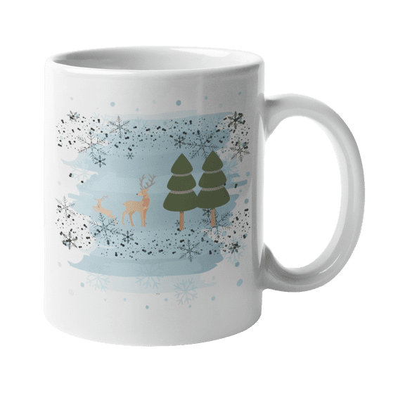Winter Scene Artwork Snowflake And Reindeer Print Snowy Christmas Coffee & Tea Mug Cup, Dinnerware, Wintertime Decor, Cold Weather Stuff, Items, Things, Stocking Stuffers, And Party Favors (11oz)