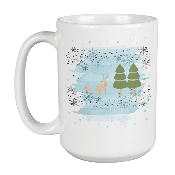Winter Scene Artwork Snowflake And Reindeer Print Snowy Christmas Coffee & Tea Mug Cup, Dinnerware, Wintertime Decor, Cold Weather Stuff, Items, Things, Stocking Stuffers, And Party Favors (15oz)